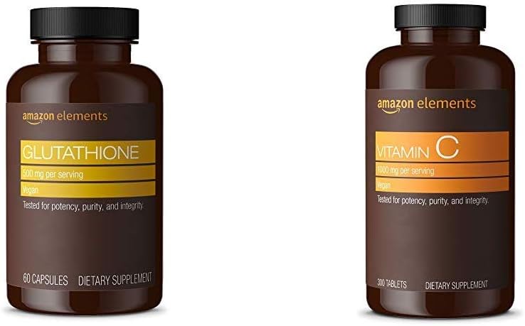 Elemente Glutatione, 500 mg, 60 capsule, 2 lună de aprovizionare & vitamina C 1000mg, Vegan, 300 comprimate, 10 lună de aprovizionare