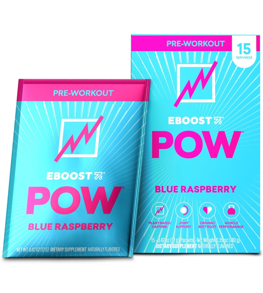EBOOST POW Praf de pre- antrenament natural - 15 Pachete, zmeură albastră - Preworkout Energie Booster Gym supliment băutură Mix pentru bărbați și femei - Performanță, sprijin comun de mobilitate - Gluten-Free