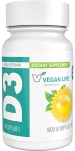 Nutriţie Vegană de viaţă - Vitamina D3 capsule zilnice pentru adulţi (1000 UI) - Gluten-free, non-GMO, sprijină sănătatea osoasă şi sistemul imunitar - 60 capsule