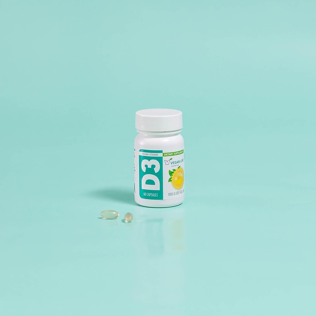 Vegan Life Nutrition - Vitamin D3 Daily Capsules for Adults (1000 IU) - Gluten-Free, Non-GMO, Supports Bone Health and Immune System - 60 Capsules
