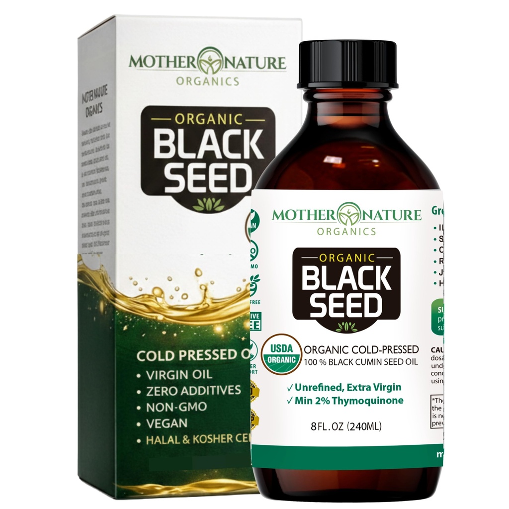 Mother Nature USDA Organic Black Seed Oil, High TQ 2%, Cold Pressed, Unrafined Nigella Sativa, Omega 3 6 9 pentru Immune, Joint & Heart Support, Hair & Skin, Non-GMO, Sticla de sticla (8oz)