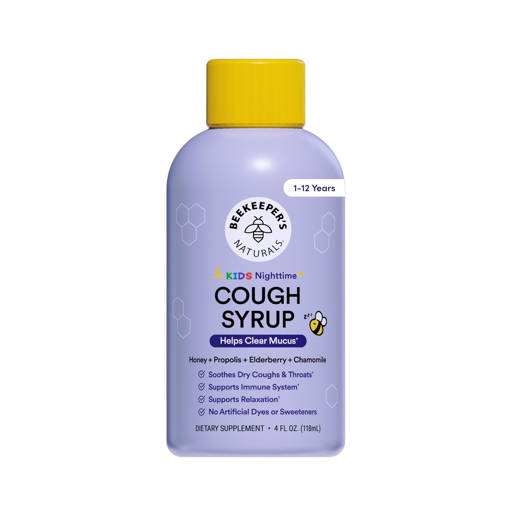 Naturals Propolis Honey Cough Syrup Nighttime pentru copii Suport Immune cu Propolis, Elderberry & Raw Honey - Sleep Support cu musetel & L-Teanină - Gluten Free, 4 oz.