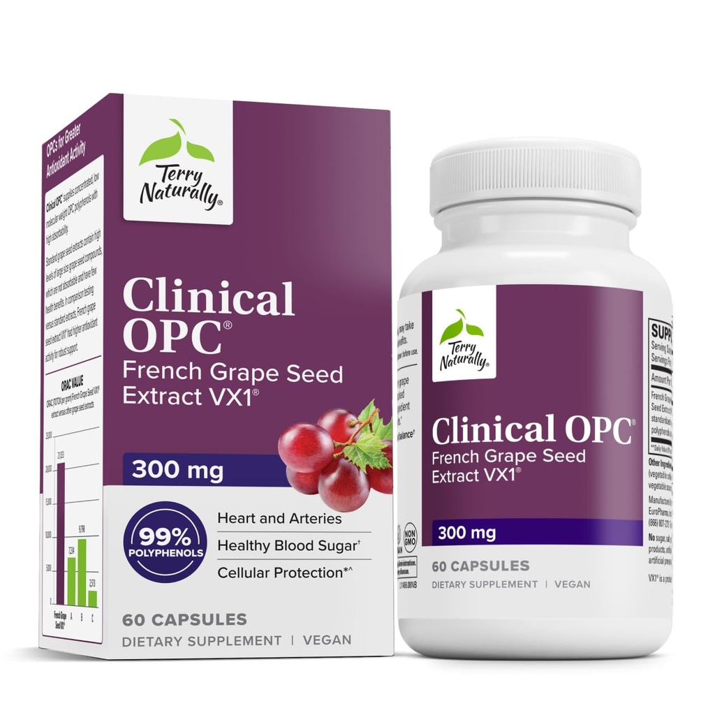 Terry Natural Clinic OPC - Cardiovascal Health & Focus Supplement - Supliment alimentar cu extract de semințe de struguri și lecitină - Supliment de sprijin imun - 300 mg, 60 Softgels