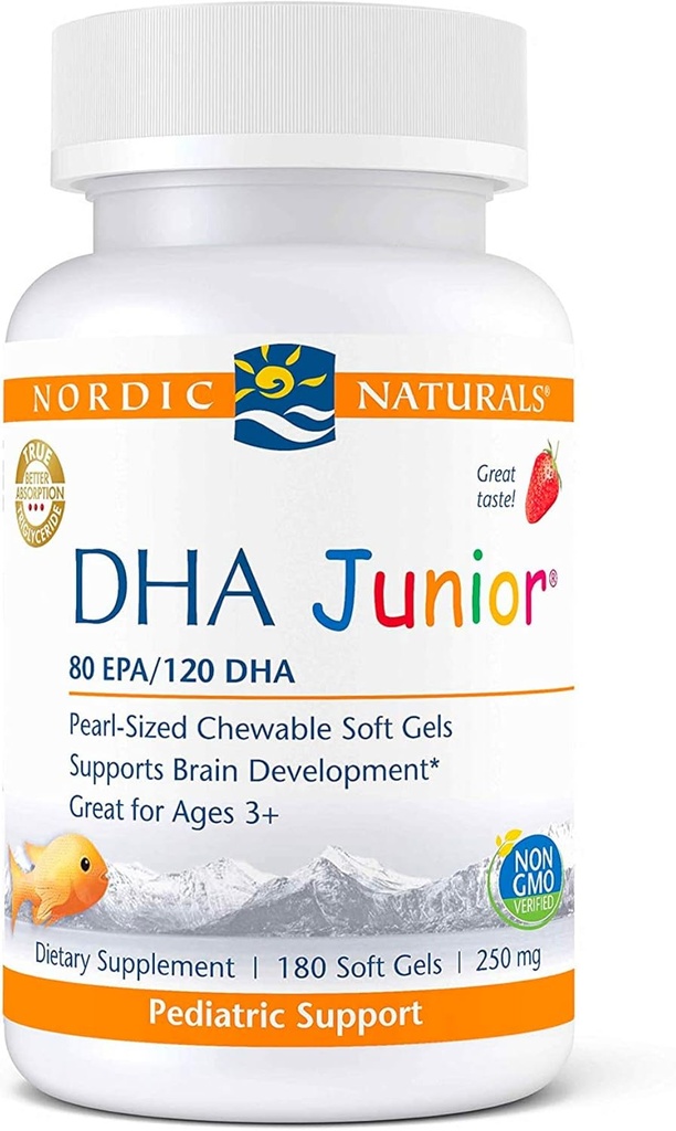 Nordic Naturals Pro DHA Junior, Strawberry - 180 Mini Gels Soft Chewable - 250 mg Total Omega-3s cu EPA & DHA - Dezvoltarea creierului și funcția vizuală - Non-GMO - 45 Servings