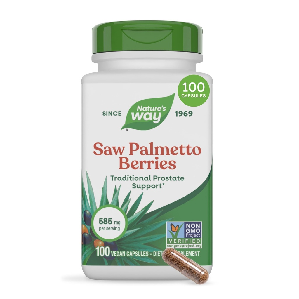 Nature's Way Saw Palmetto Berries, Traditional Prostate Support*, 585 mg per servire, Non-GMO Project Verified, Vegan, 100 Capsule (Packing May Vary)