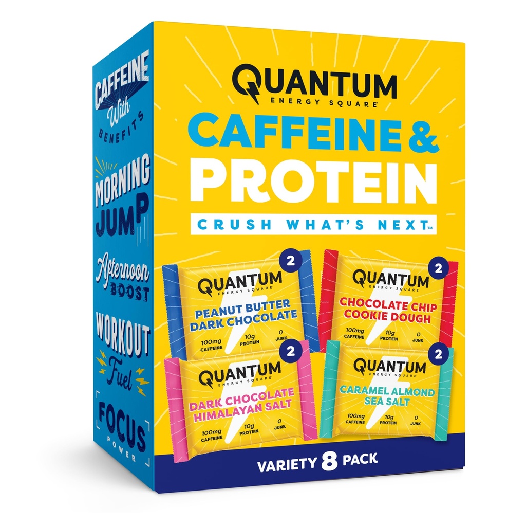 Quantum Energy Square: Energy Bar cu Cafeina & 10g Proteine. Delicious Healthy Snack On The Go. (Vegan, Gluten-free, Soy-free, Dairy-free) (Variety 8-Pack)