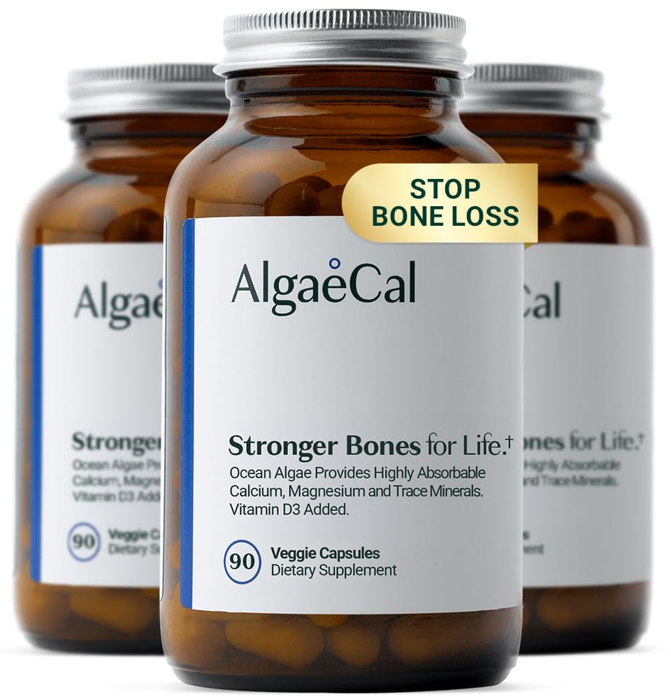 ALGAECAL - Suplimentul de calciu pe bază de plante cu vitamina D3 (1000 UI) pentru concentrația osoasă, conține 13 minerale care susțin sănătatea osoasă, calciu organic (750 mg) pentru femei și bărbați, 90 capsule, 3 luni de aprovizionare