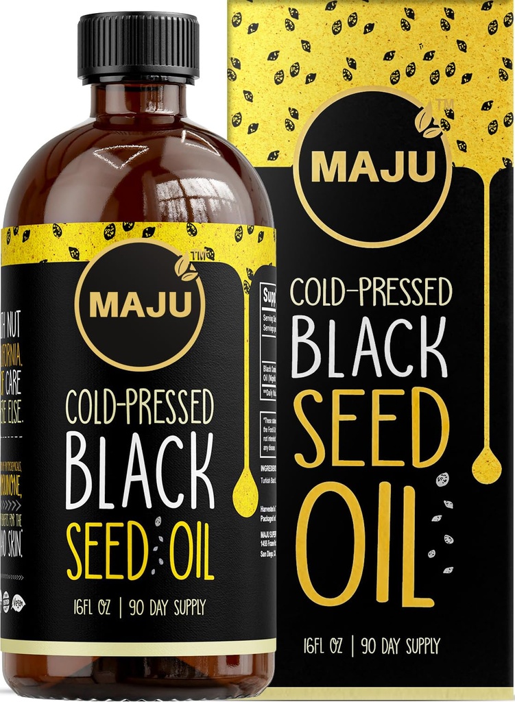 Ulei de semințe negru MAJU 16oz: 3X Thymochinonă, presat la rece, 100% turcesc negru Cumin Nigella Sativa ulei de semințe (mai bine decât organice), non-GMO, 100% lichid ulei de semințe negre, sticla de sticlă