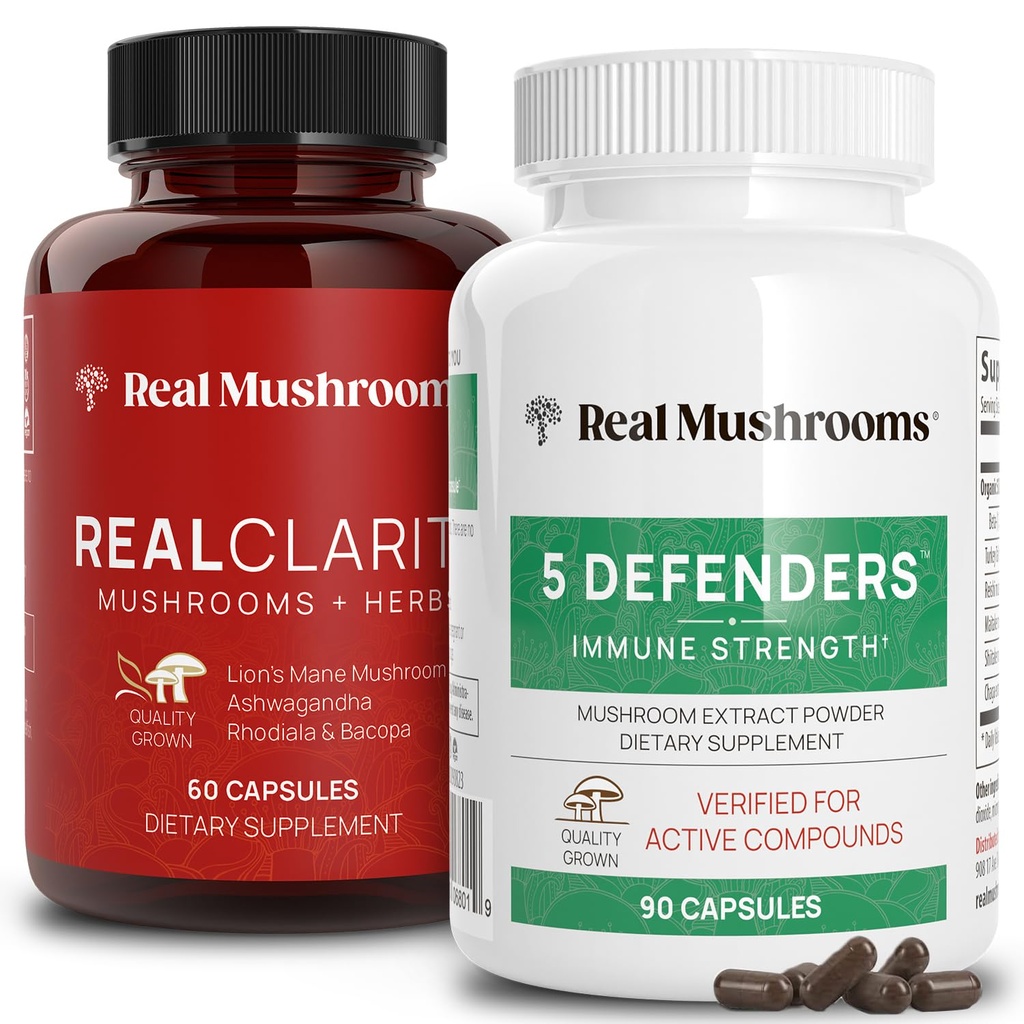 Ciuperci reale RealClarity (60ct) și 5 Defenders (90ct) Capsule Bundle - supliment de ciuperci pentru Claritatea Mentala, Focus & Imune Putere - Vegan, Non-GMO, Niveluri verificate de Beta-Glucani