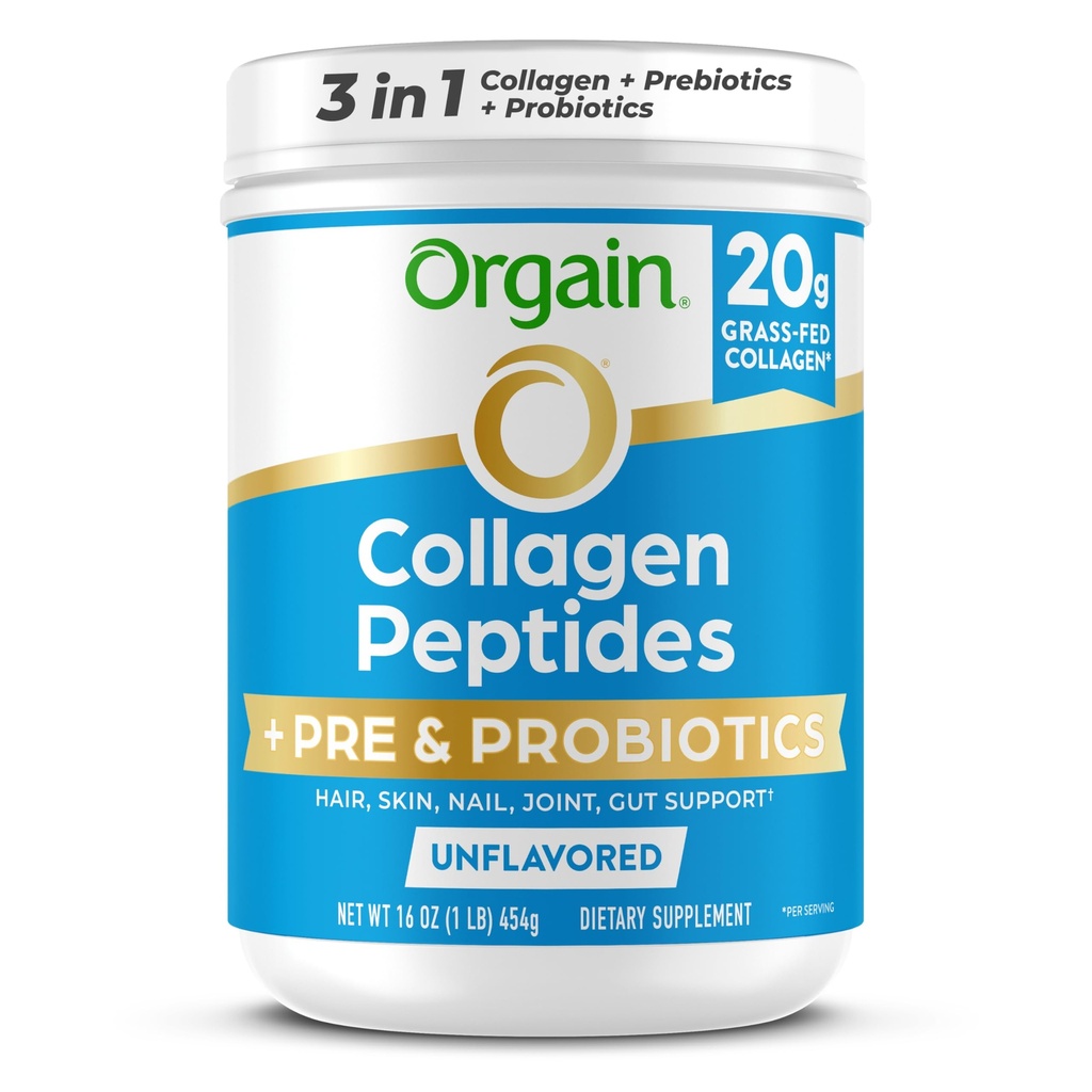 Orgain Hidrolyzed Colagen Peptides + Prebiotic & Probiotice Pulbere pentru femei și bărbați, 20g Grass Colagen Fed, 1 miliard CFU - Suporturi Digestive, Păr, Skin & Joint Health, Non-GMO, Tip I & III, 1lb