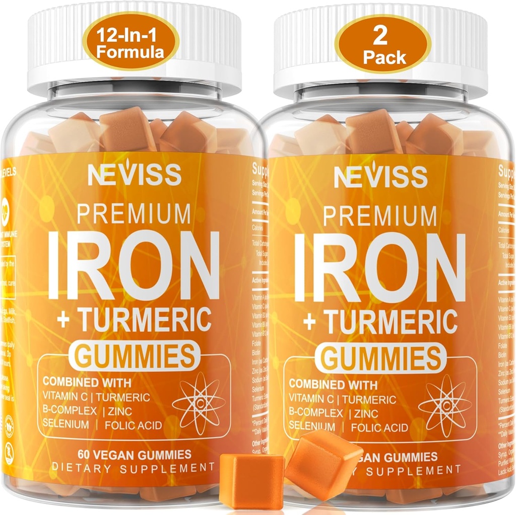 Gume de fier + Turmeric 600mg pentru Femei Barbati, Supliment de fier cu Multivitamine C, A, B-complex, Folat, Zinc pentru Deficienta Fierului, Anemia si Energia, Gentle, Non-Constipating, Chewable, Vegan, 2 Pack
