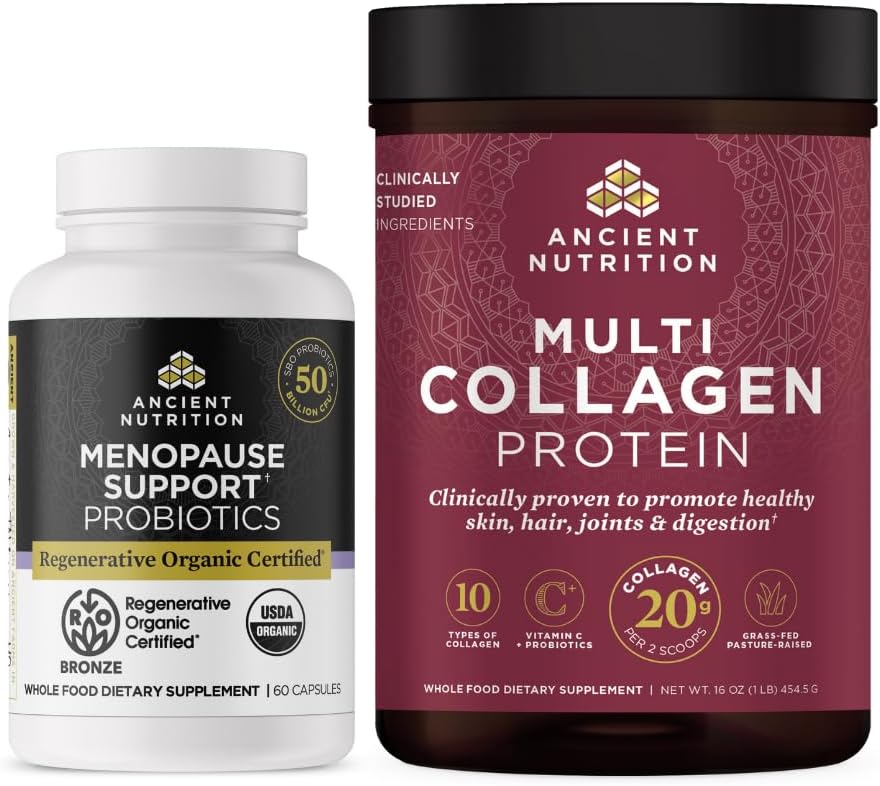 Nutritie antica Probiotice certificate organice regenerative pentru Menopause, 60 Conte + Multi Colagen pulbere de proteine nearomatizate, 45 Serviri