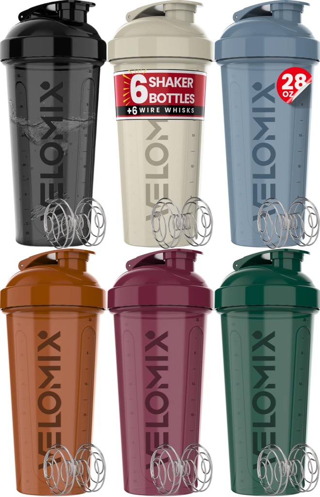 VELOMIX -6 PACK- 28 oz Proteine Shaker flacon pentru amestecuri de proteine - 6x sârmă Whisk 