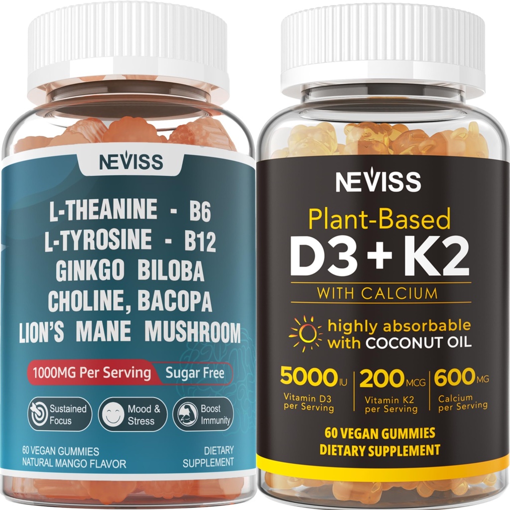NEVASS Sugar Free L-Tyrosine L-Theanin Gumies 120 Counts + Sugar Free D3 5000UI K2 Gumies 120 Counts