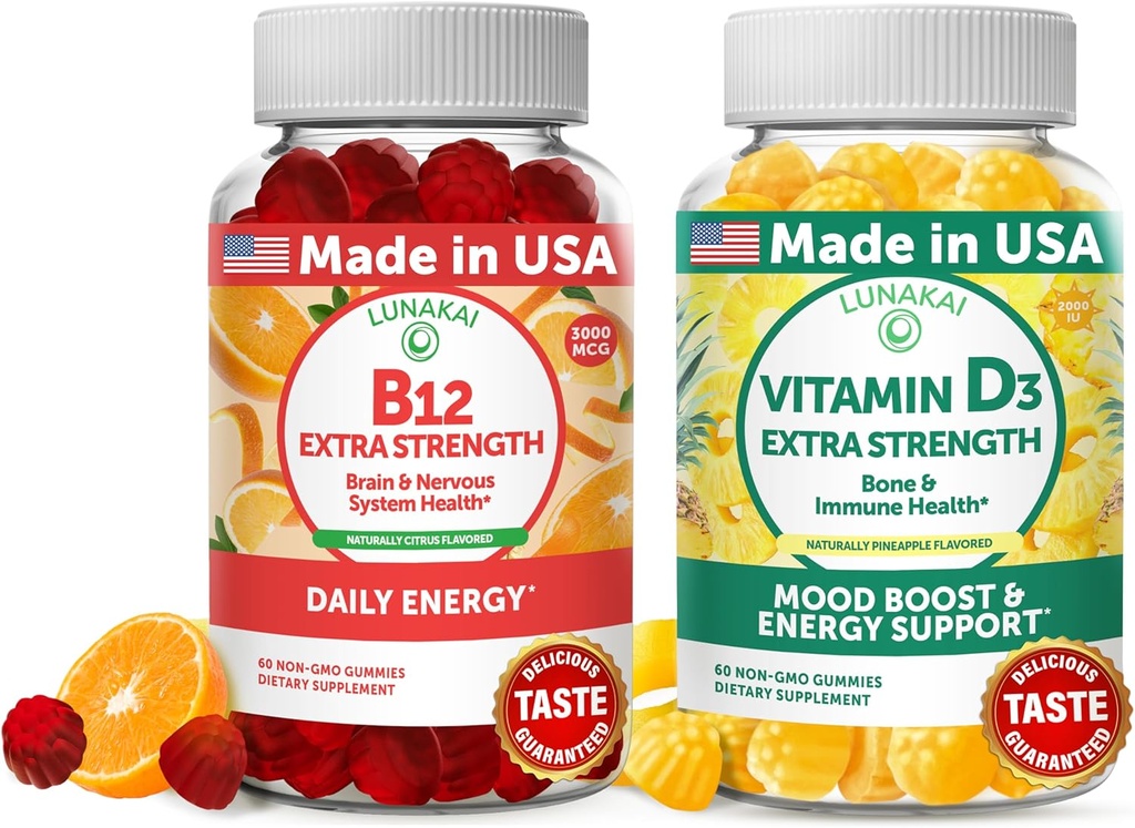 Lunakai Vitamina B12 și vitamina D3 Gummies Bundle - 3000 mcg B12 și 25 mcg 1000 UI VIT D3 - Gluten gratuit, fără sirop de porumb, organice, non-GMO, plante pe bază de gelatină