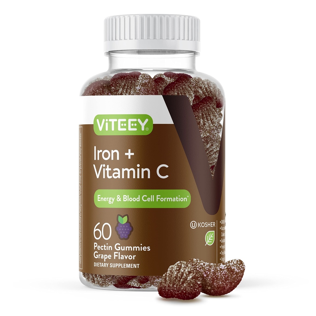 Gume de fier Viteey - Fier cu vitamina C - Energie, Suport Bood și Suplimentul anemiei pentru femei și bărbați - Vegan, Gluten gratuit - 60 Conte