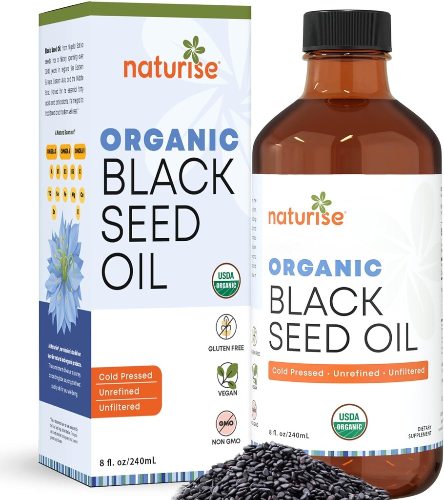Organic Black Seed Oil (Nigella Sativa, Cumin Seed) Cold Pressed Non-GMO, 8 oz Glass Bottle Source of Essential Fatty Acids, Omega 3 6 9'