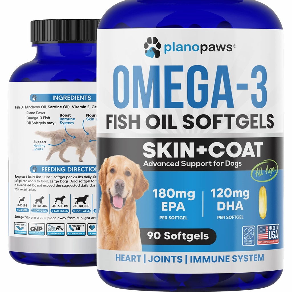 Omega 3 Ulei de pește pentru câini - ulei de somon pentru câini - Suplimentul de ulei de pește de câine poate ajuta la vărsare, alergie, Mâncărime - Suporturi piele uscată, articulații - Piele de câine și supliment de haina - 90 Pastile de ulei de pește EPA DHA