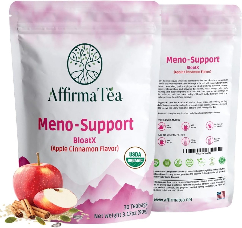 Meno-Suport BloatX Menopause Organic Relief: Balanțe și susține Flashuri fierbinți, Hormoni, Swings Moods, Transpirații de noapte, & Bloating W/Black Cohosh, Red Clover & Dong Quai. Aroma naturală Apple-Cinnamon.