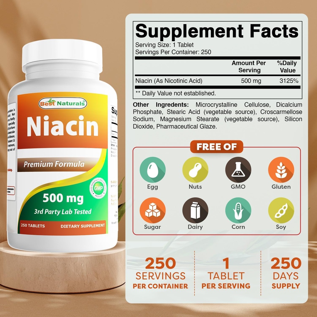 Cele mai bune naturale Niacin 500 mg 250 comprimate cu Flushing - De asemenea, numit vitamina B3 (250 Conte (Pachet de 2))