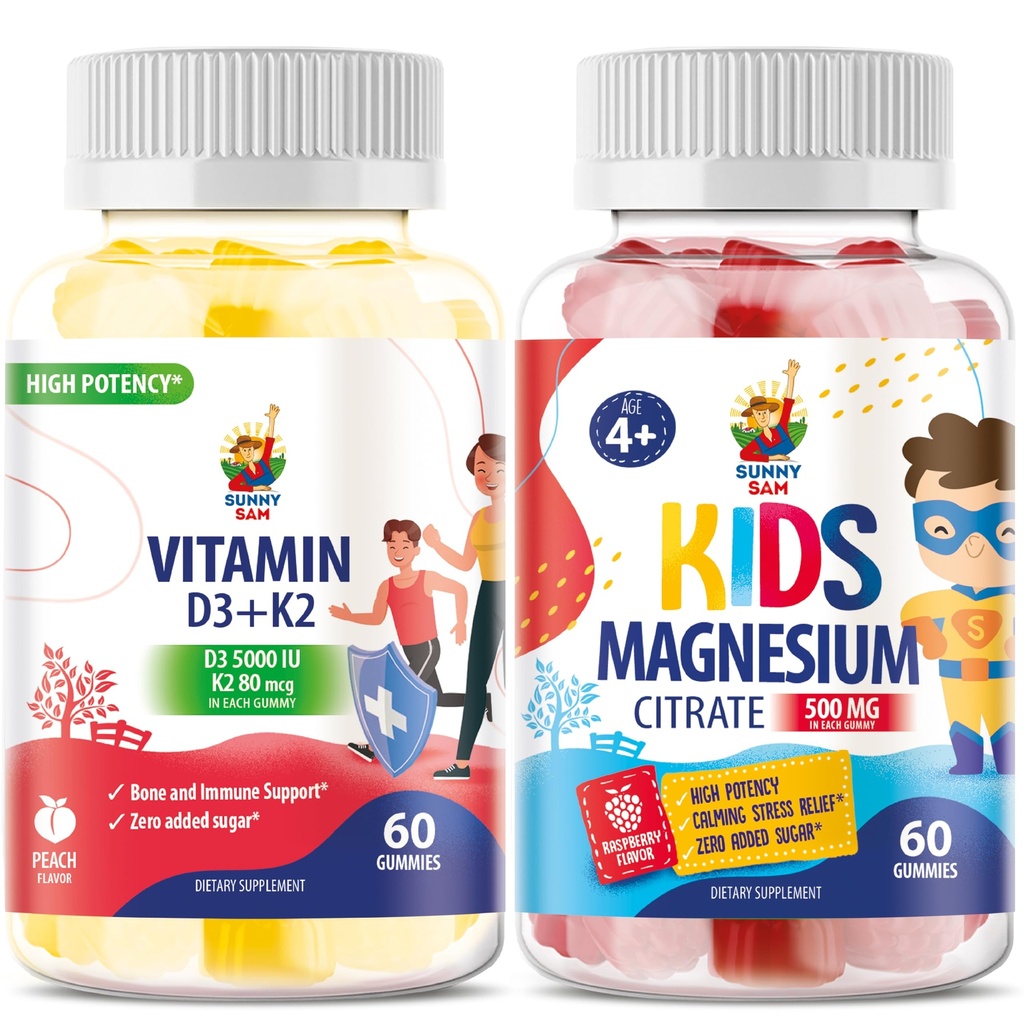 Gume de magneziu pentru copii și vitamina D3 K2 Gume 5000 UI - Suport imunitar și osos - Supliment de gumă de mestecat fără zahăr - Absorbție ridicată, Vegan, Gume fără gluten pentru adulți