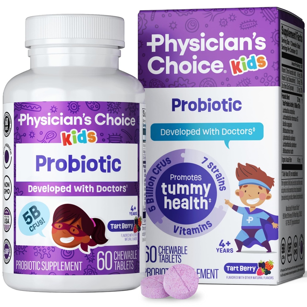 Probiotice pentru copii - 7 strine diferite, prebiotice organice, vitamine si minerale - Studiat clinic L. Rhamnosus - Suport imun si digestiv - Fara zahar sau Dyes artificial - 60ct