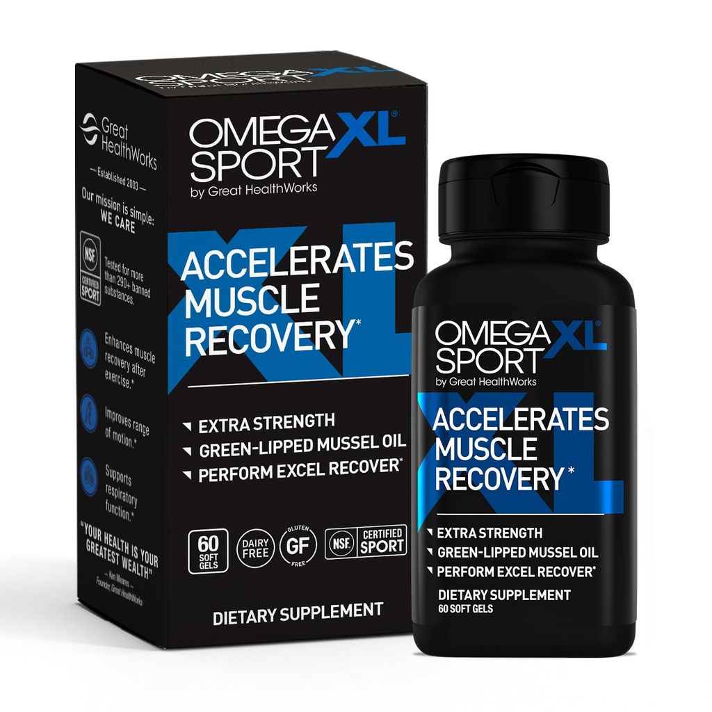 OmegaXL Sport Extra Putere Recuperare musculare Supliment și de sprijin respirator - Îmbunătățește DOMS și ROM, Clinic sprijinit de ulei de mussel verde (60 Softgels)