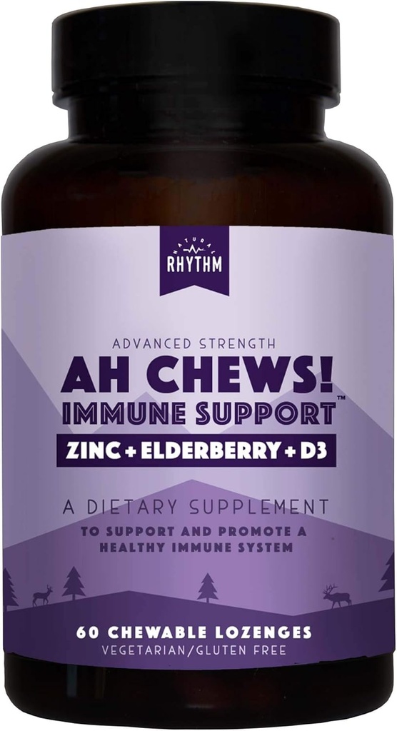 Rhythm natural Ah Chews! Booster imunitar Lozenges pentru copii și adulți, fără adaos de zahăr, cu elderberry, zinc & vitamina D3, 60 capsule