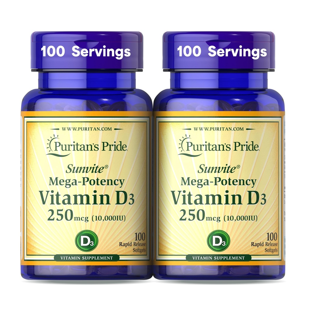Puritan's Pride Premium SunviteTM Mega-Potenţă Vitamina D3 10.000 UI, Supliment alimentar pentru oase sănătoase, Teeth, şi Sistemul imunitar de sprijin, 100 Rapid de eliberare Softgels
