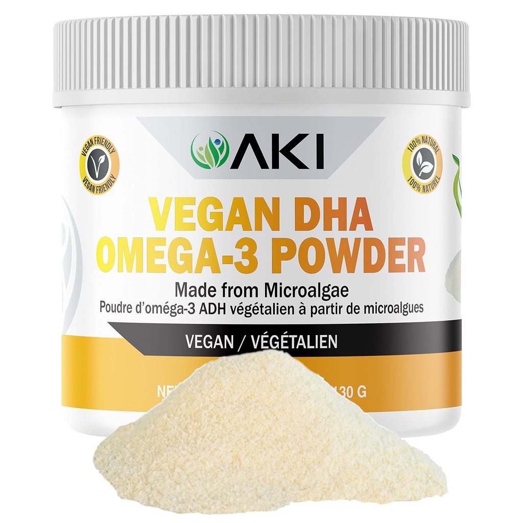 AKI Omega 3 DHA Micro Algae Powder Supplements - Plant based Keto Vitamina - Alternative la pește sau ulei Krill - Vegan & Non-GMO (4.58oz/130g)