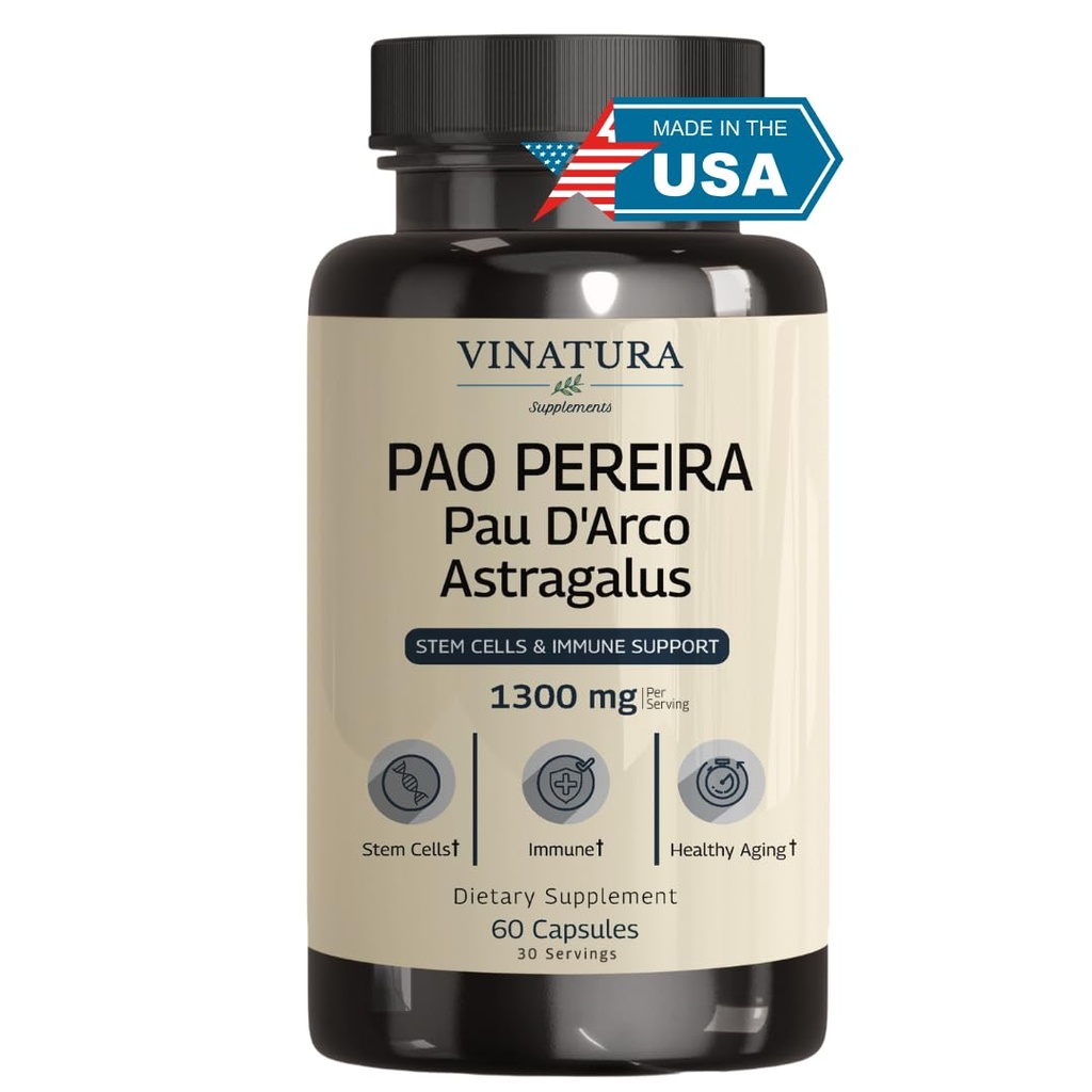 VINATURA Pao Pereira + PAU D'Arco, Astragalus - 1300MG Serving, SUA Made & Tested, Stem Cells and Immune Support, 60 Capsule