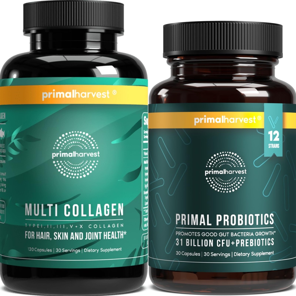 Probiotice Primal Harvest & Multi Colagen Suplimente pentru femei și bărbați Pre și Probiotice cu 31 Miliarde CFU și Colagen Peptides Bundle