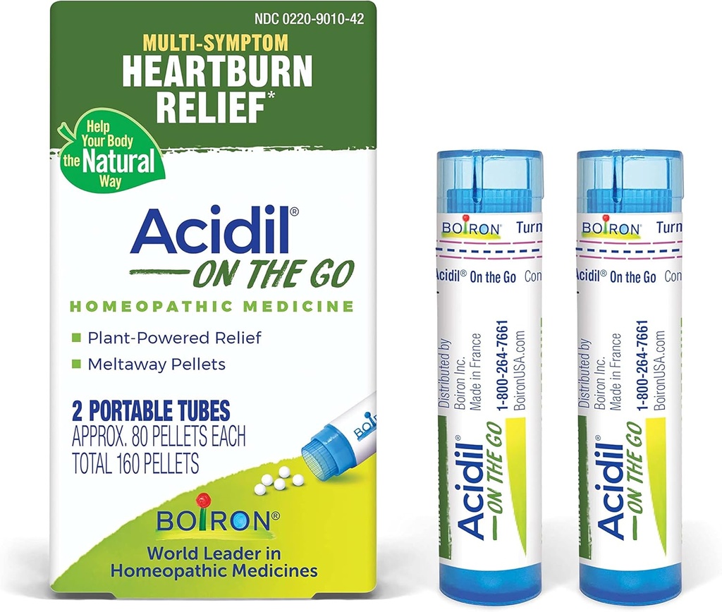 Boiron Acidil On The Go Travel Essential for Relief of Acid Reflux, Heartburn, Indigestie, Blooting, and Uset Stomac - 2 Count (160 Pellets)