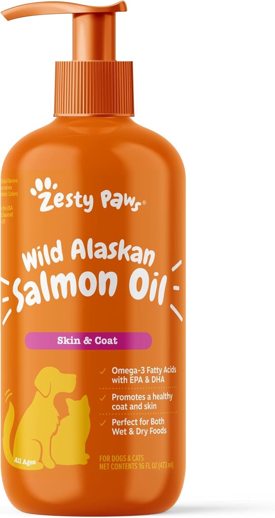 Zesty Paws Wild Alaskan Somon ulei pentru câini și pisici- Piele și suport haina, Omega 3 Supliment pentru animale de companie, 16oz, Pompa Top