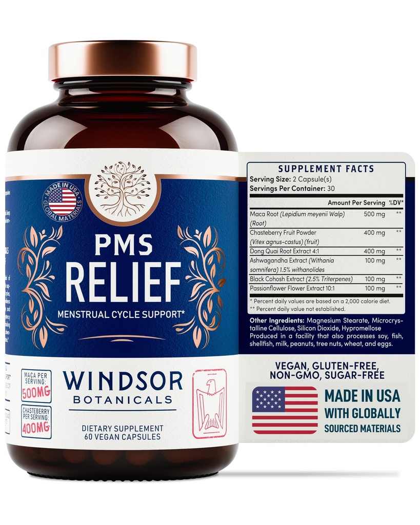 PMS Supplement de suport pentru femei cu Chasteberry, Maca Root, Ashwagandha - Perioada de ajutorare, Bloating Relief pentru femei, Mood Supplement, Hormone Balance Suplimente Herbal - 30 Day, 60 Vegan Capsule