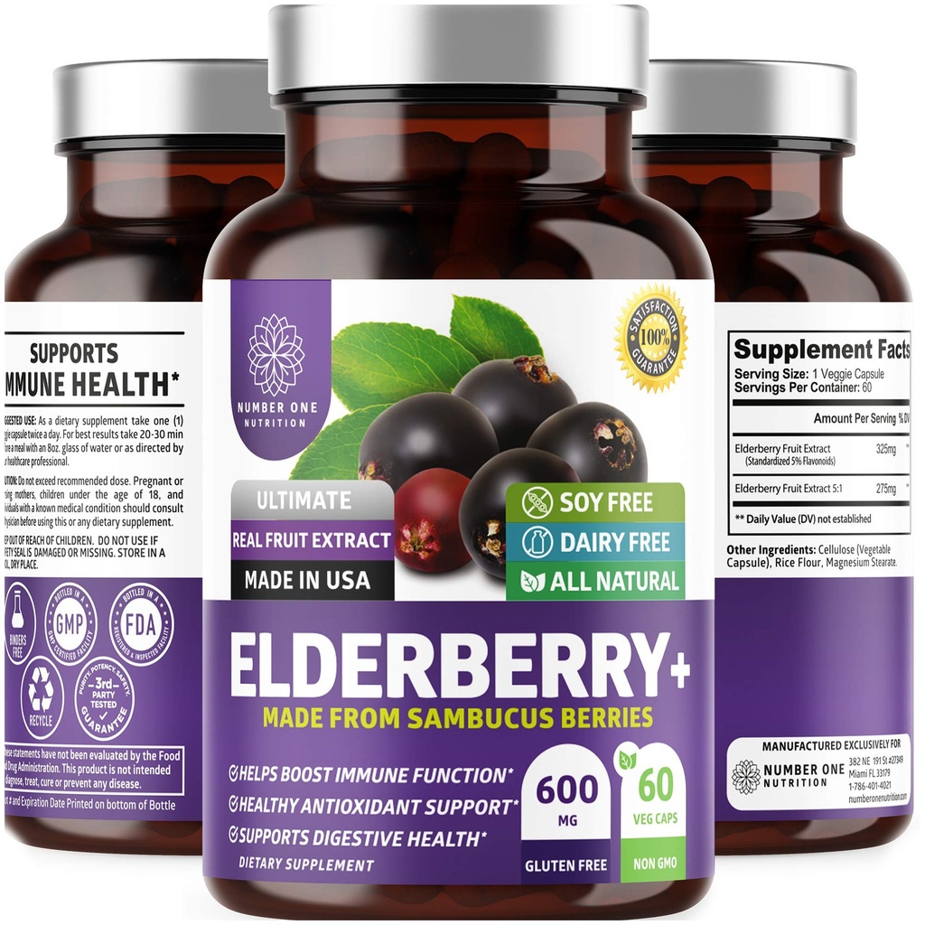 N1N Premium Black Elderberry Capsule pentru adulți [Max Putere] Pure și Pottent Elderberry din Sambucus Nigra pentru a sprijini Imunitatea & Skin Health, Non-GMO, Gluten gratuit, 60 Veg Caps