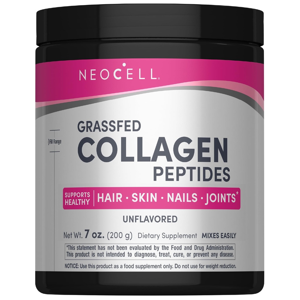 NeoCell Super Colagen Peptides, 10g Colagen Peptides per Serving, Gluten Free, Keto Friendly, Non-GMO, Grass Fed, Hair Sanatos, Piele, Nails and Joints, Pudra nearomata, 7 oz., 1 Canister