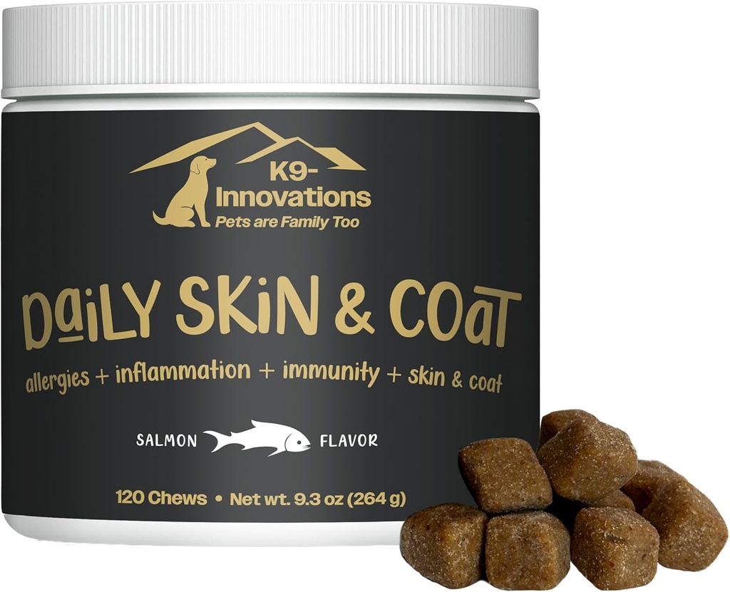 K9-Inovații - Daily Skin & Coat Dog Chews Salmon Flavor - Reduceți mancarimile & Paw Chewing, Omega 3 & VIT C pentru sanatatea pielii - 1-4 luni de aprovizionare (120qty)