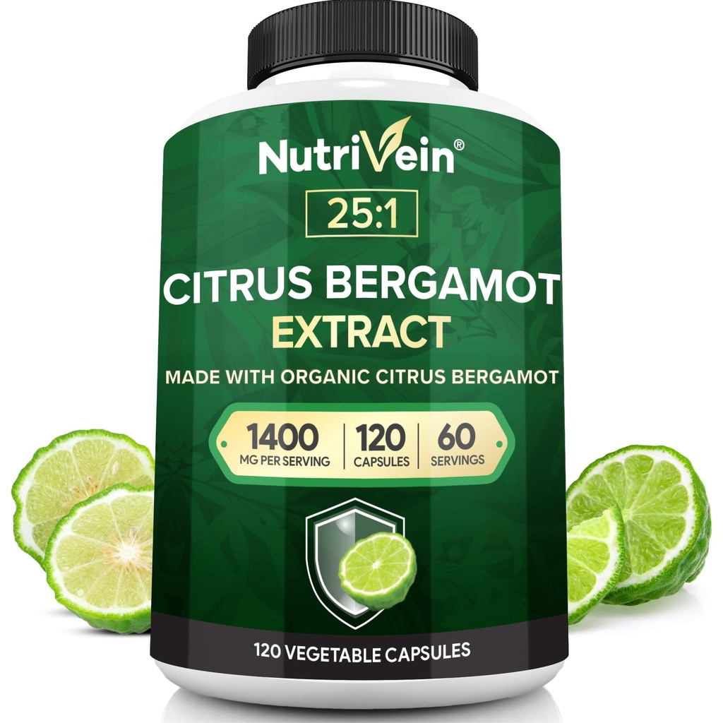 Nutrivein Premium Citrus Bergamot Supliment 1400mg 25:1 Extract Bergamia - 60 zile de aprovizionare (120 capsule): Puternic italian Citrus Bergamot 1400 mg + Concentrare ridicată - inima și sistemul circulator