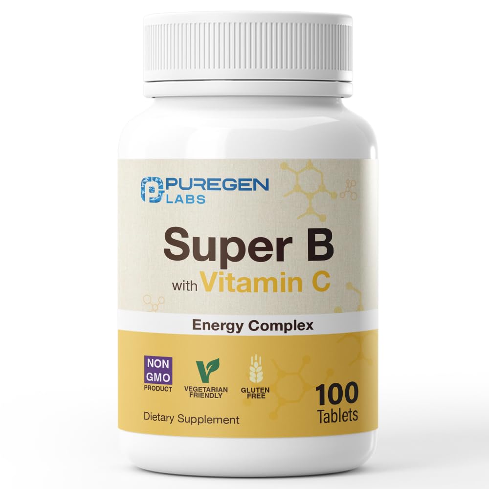 Puregen Labs Super B Complex energetic cu vitamina C - Immune Health, Energy & Nervosis System Support - Non-GMO, Gluten-Free 100 comprimate vegetariene
