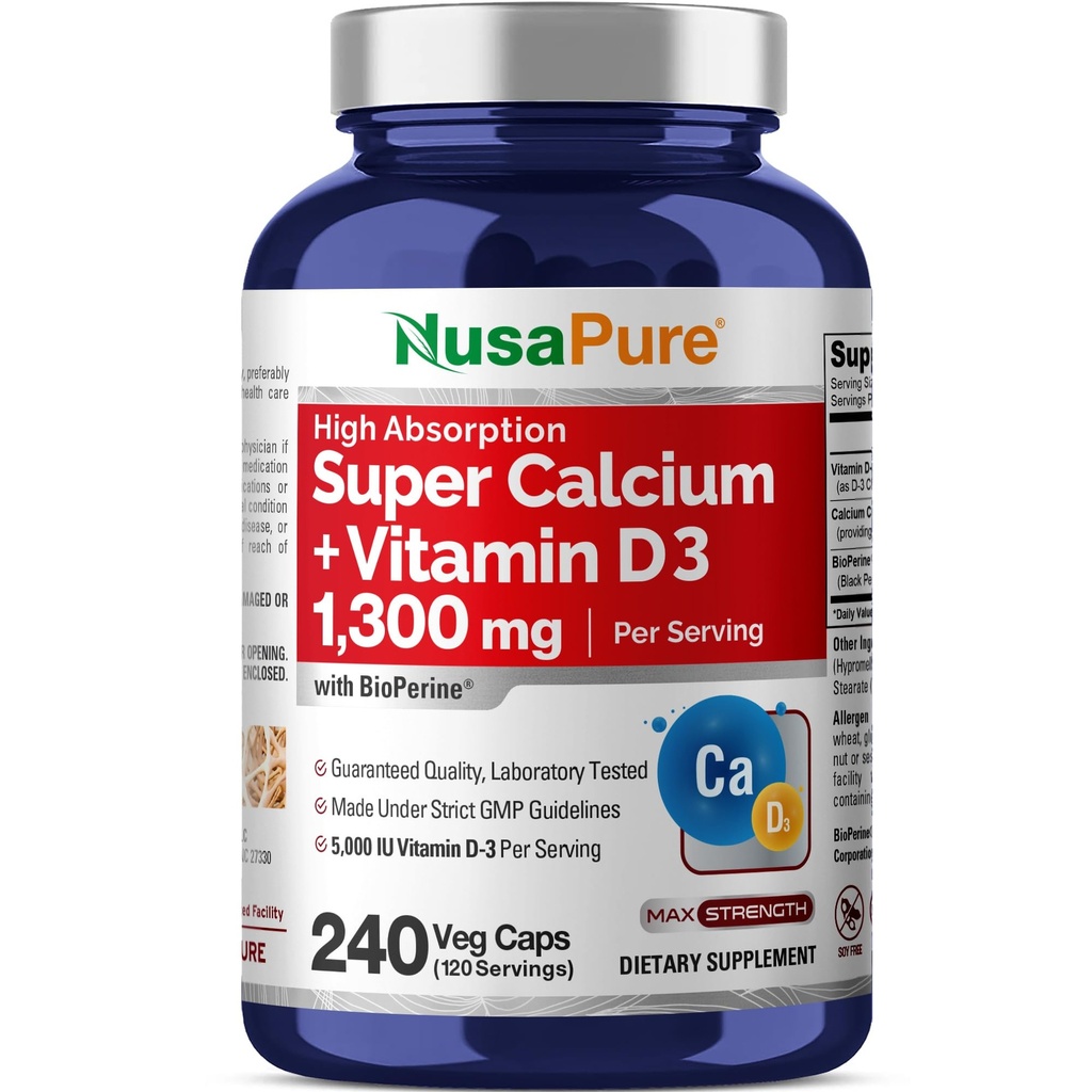 NusaPure Super Calciu 1300mg, Vitamina D3-240 Veggie Caps (Non-GMO, Soyfree, Bioperine)