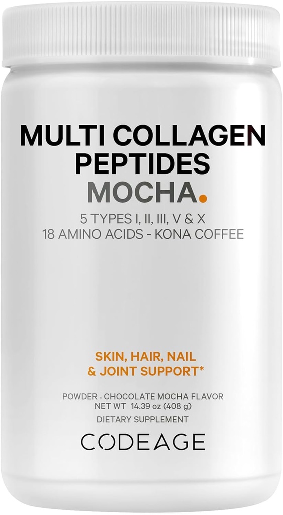 Codaj Multi Colagen Peptides Pulbere de proteine - Ciocolata Mocha Cafea instant - Gourmet Knoa Coffee Drink & Shake - Colagen Tip I, II, III, V & X - Grass-Fed, Hydrolyzed, Non-GMO - 14.39oz