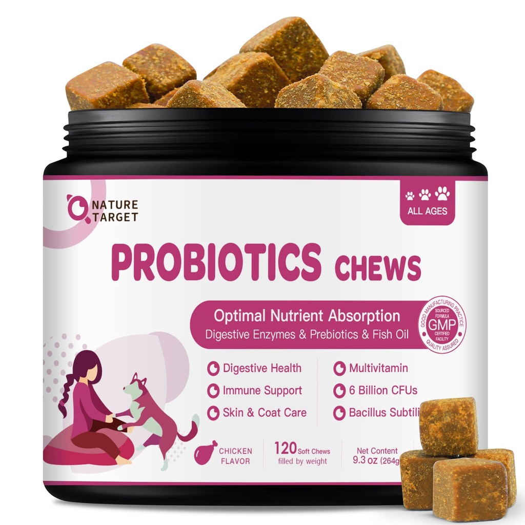 Natura Probiotice ŢINTĂ pentru câini şi enzime digestive pentru sanatate digestiva - Plus ulei de peşte şi vitamine supliment pentru alergii şi imune şi mâncărime piele, 120 aroma de pui Probiotic Soft Chews