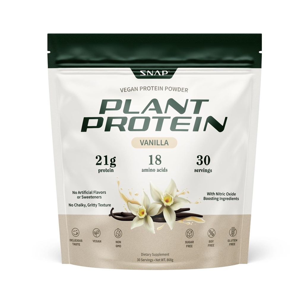 Snap Suplimente Pe bază de plante organice praf de proteine Vegan oxid de azot stimularea praf de proteine, Vanilie Bean, BCAA Aminoacid pentru cresterea musculara, Performanta si recuperare - 30 Serviri (Vanilla)