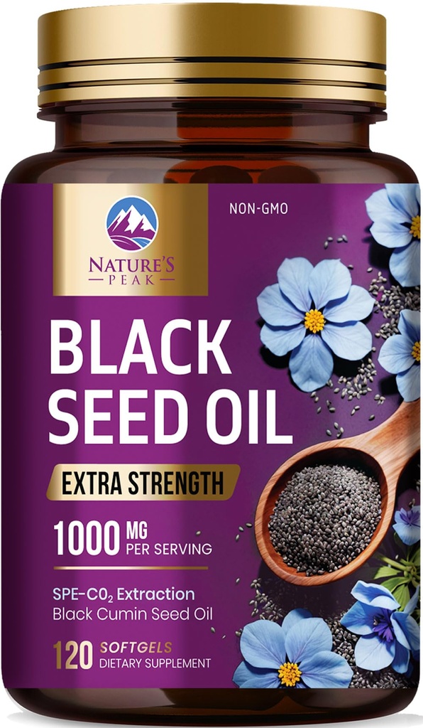 Ulei de semințe negru 1000mg - Premium Extra Putere Nigella Sativa Ulei de semințe negre - Black Seed Oil Skin, Digestive Health & Immune Support - non-GMO Antioxidant, Gluten Supliment gratuit - 120 Softgels