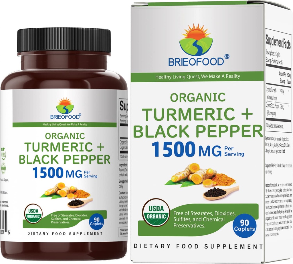 Turmeric organic Brieofood cu Pepper negru 1500mg, 45 Serviri, Vegetarian, Gluten gratuit, 90 comprimate vegetariene