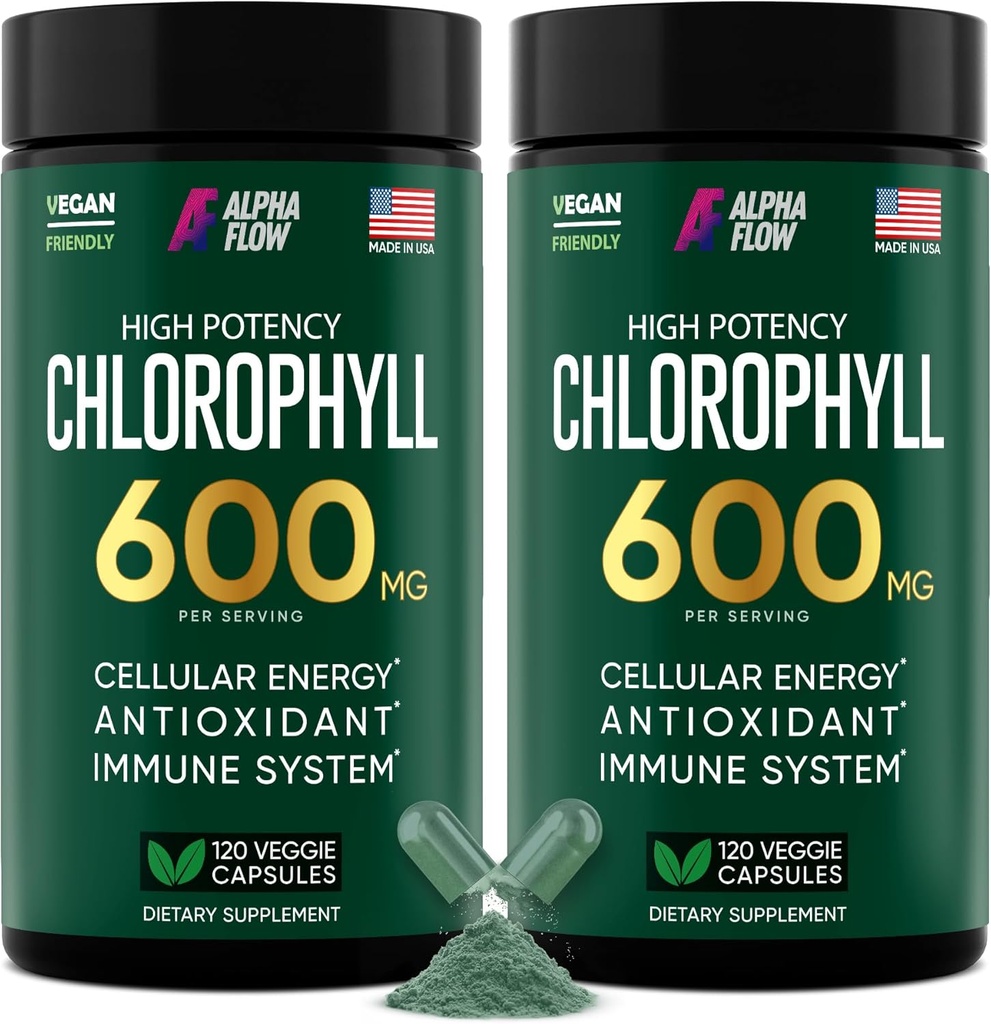 Alpha Flow [2 ambalaj] Capsule de clorofilă 600mg - supliment de clorofilă pentru energie și piele - Deodorant intern pentru femei și bărbați - Alternative la picături lichide - 240 pastile Vegan