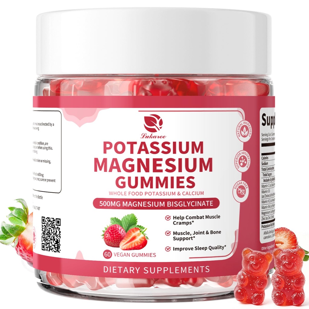 Gume de potasiu de magneziu Suplimentul de potasiu - New Formula Calm Magneziu Glycinate Gumies & Potasiu Citrate 200 mg Plus Omega 3, B6, D3, K2 & Calciu pentru Zzz, Leg Cramps & Muschi - 120 Count