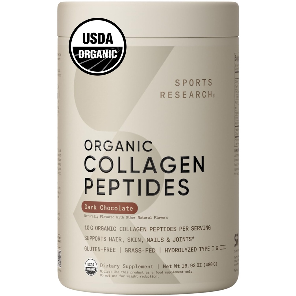Sport cercetare Organic Colagen pulbere - Hidrolized Tip I & III Colagen Proteina - USDA Organic, Gluten gratuit, Sustenabil surse - Ciocolata intunecata - 30 Serviri