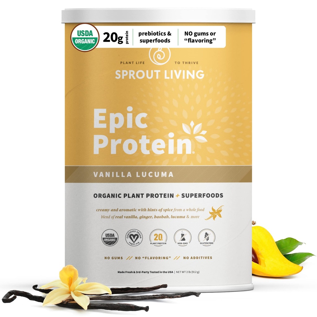 Sprout Living Epic Proteine, Pe bază de plante Proteine & Superalimente Pulbere, Vanilla Lucuma Powder 